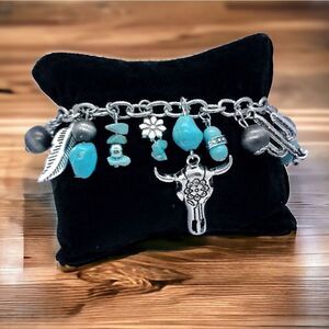 Turquoise Longhorn Western Charm Bracelet Beaded Cowgirl Cactus Feather Bohemian